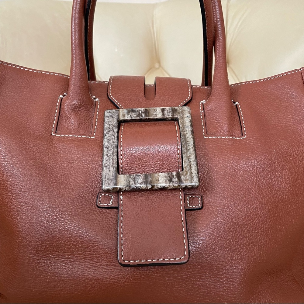 Adrienne Vittadini Camel Brown Leather Tote Bag - Picture 3 of 14